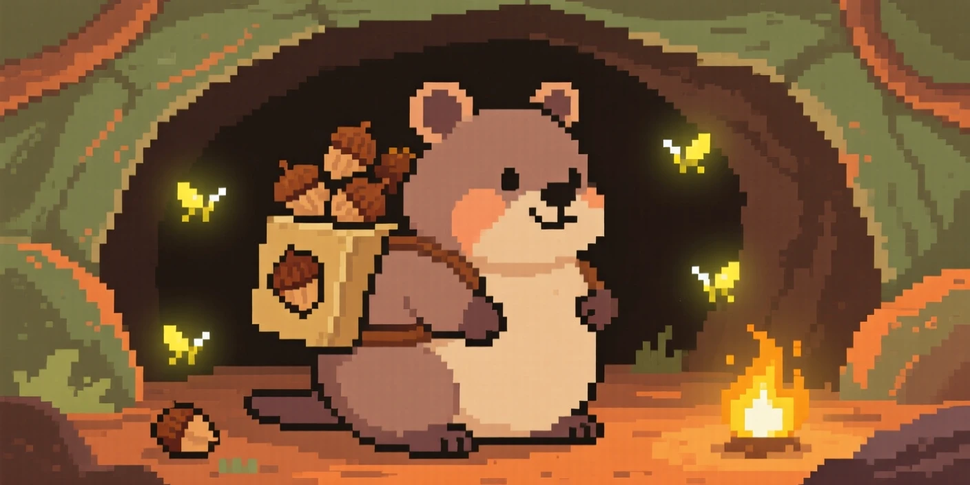 A plump quokka wearing a backpack full of acorns, inside a cozy burrow lit by fireflies.