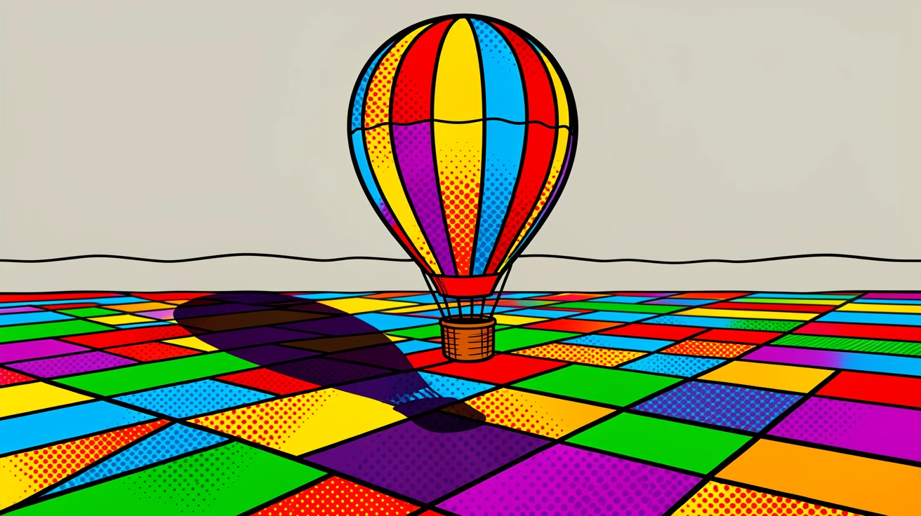 A hot air balloon casting a long shadow over a patchwork valley