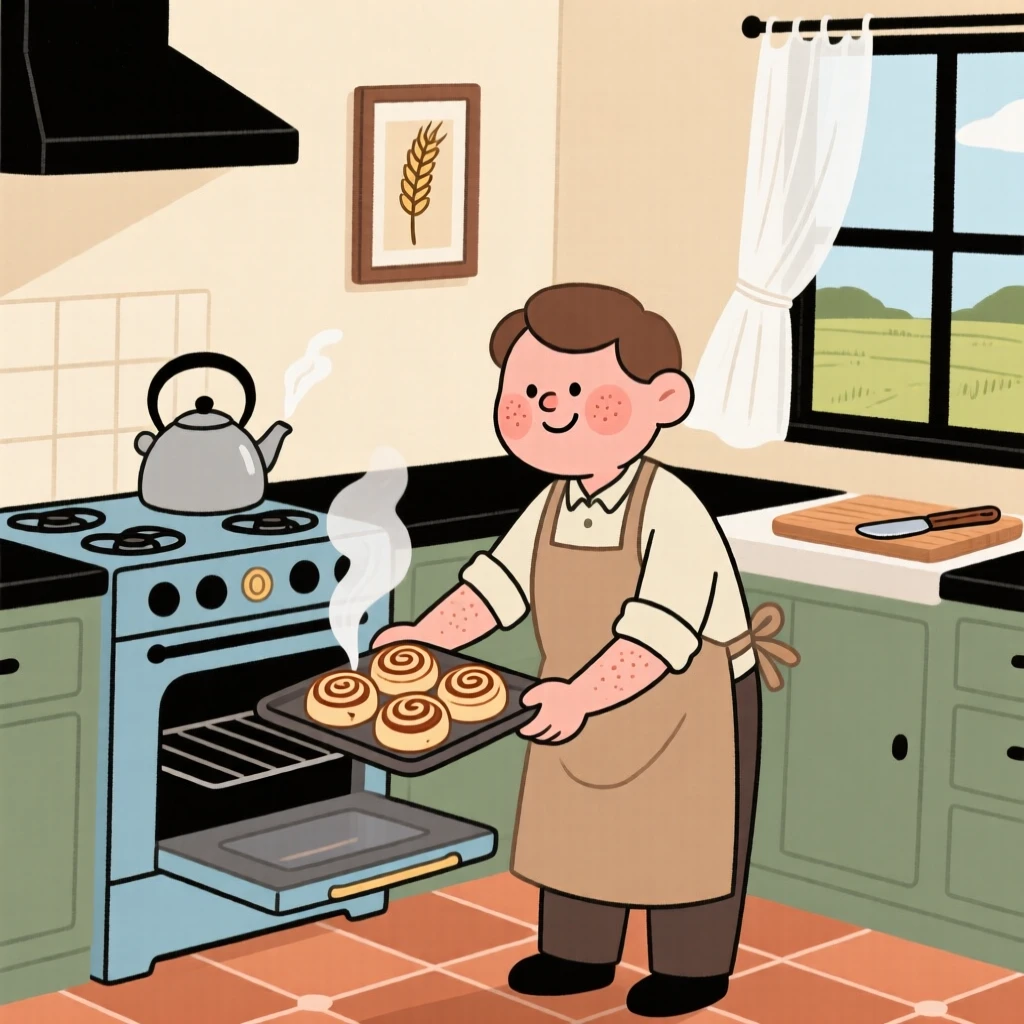 A home cook pulls a tray of cinnamon rolls from the oven in a sunlit farmhouse kitchen, steam rising as a kettle whistles on the stove.