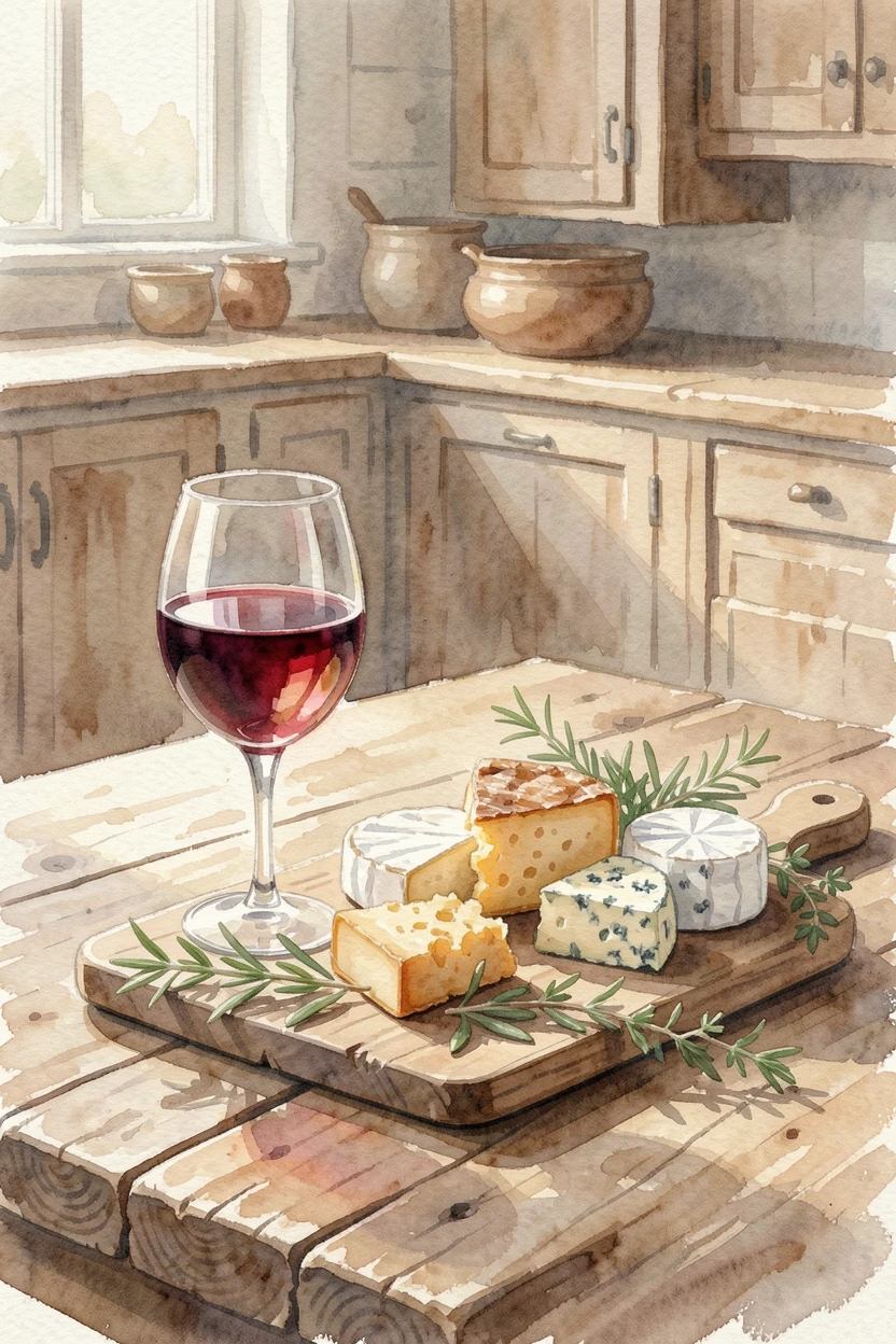 A glass of red wine beside a cheese platter on a farmhouse kitchen table garnished with fresh herbs.