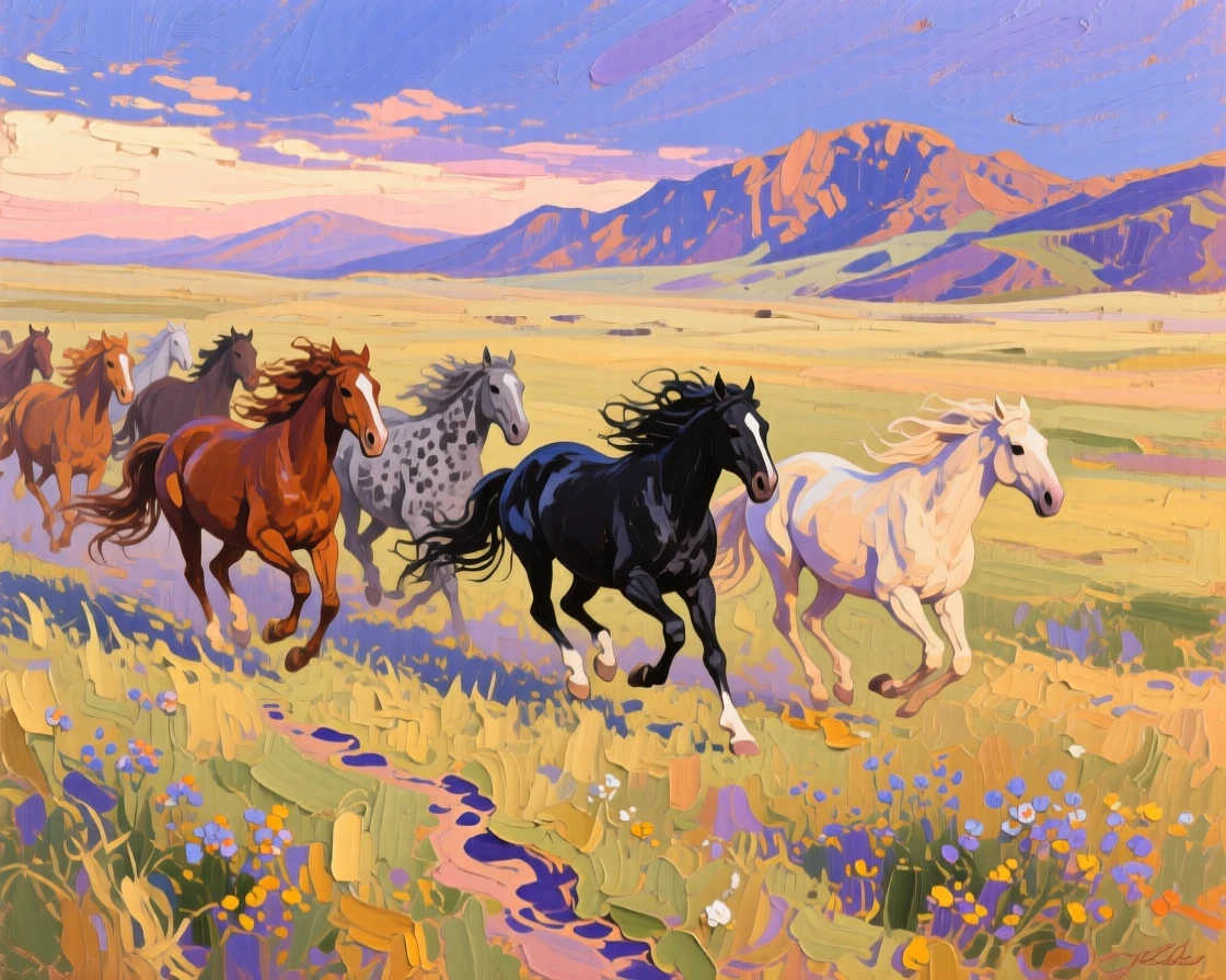 a herd of wild horses on an open plateau, at first light, with a balanced, spacious view of the surroundings.