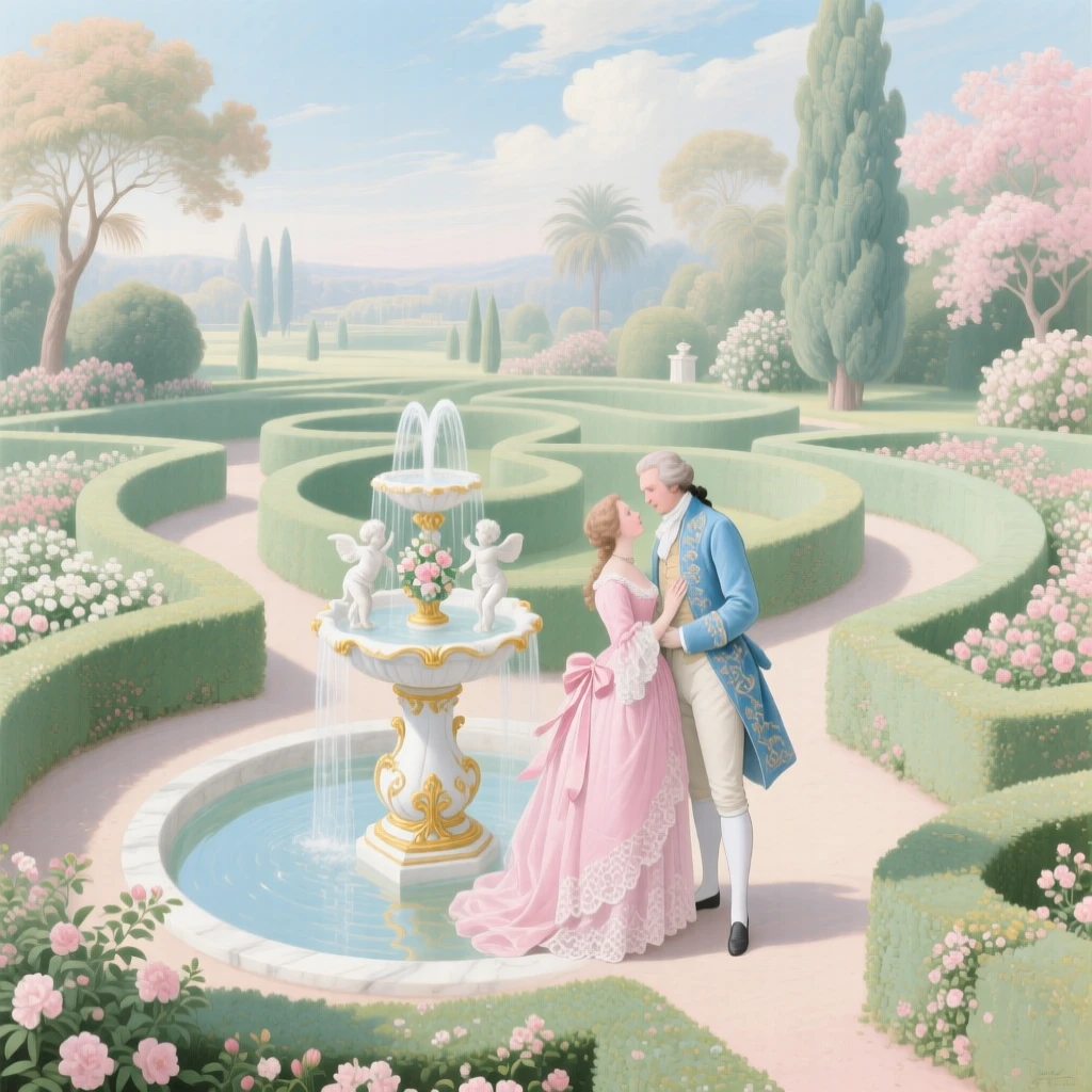 A garden maze seen from above, with a couple meeting at its central fountain  