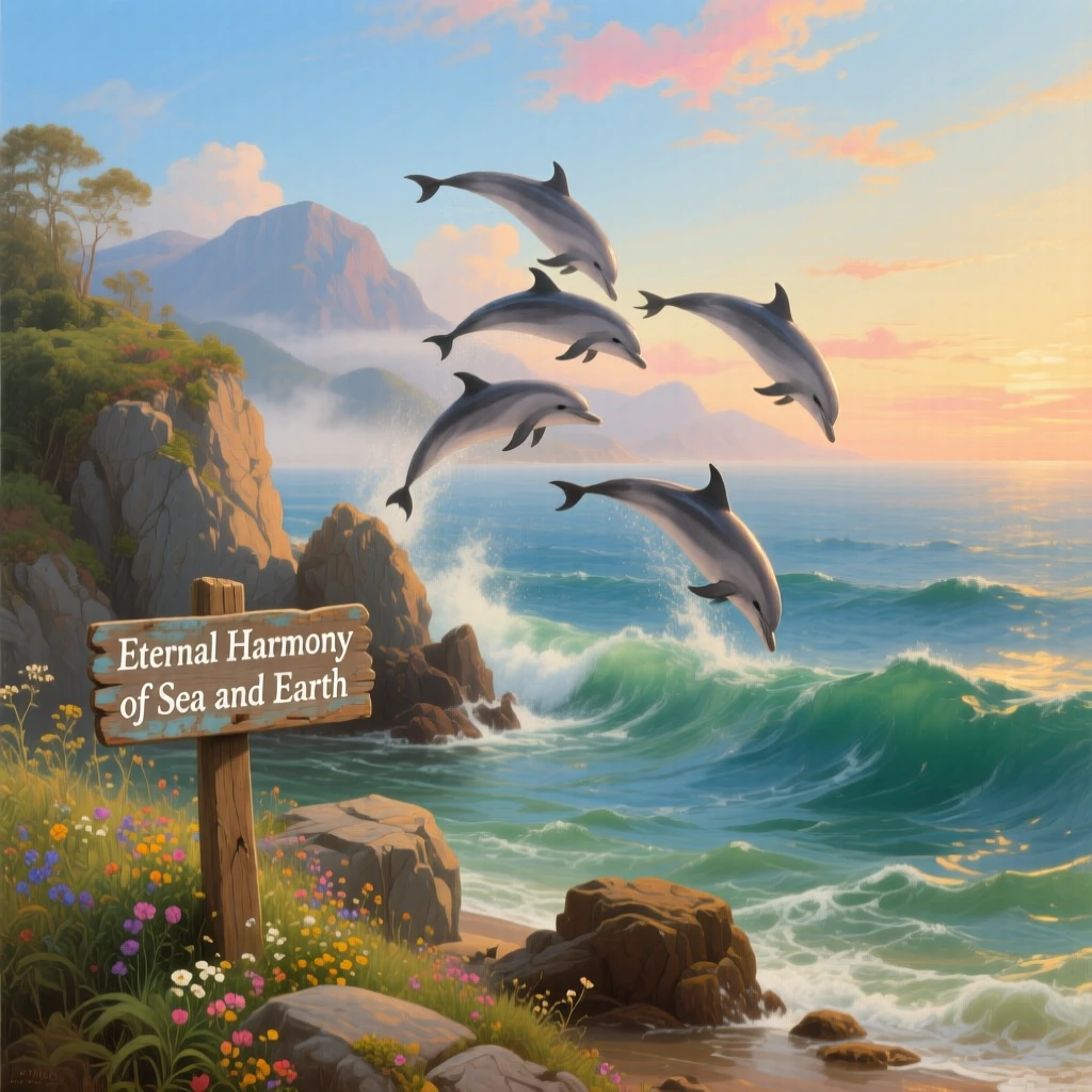 A pod of dolphins leaps through gentle waves near a rocky shore.