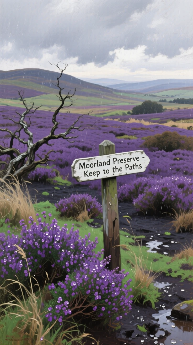 A windswept moor covered in blooming purple heather, with rich, saturated colors deepened by recent rainfall, framed to highlight the vastness and grandeur of the setting
