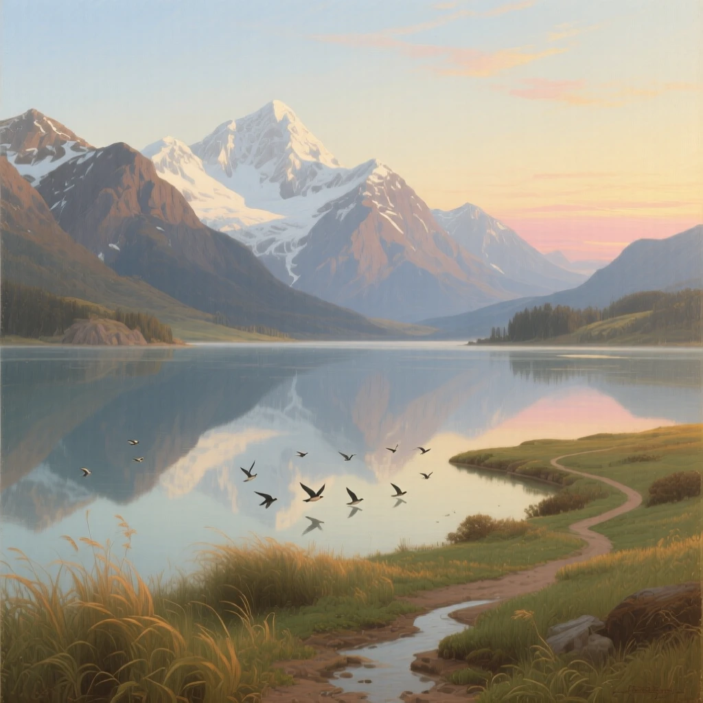 A tranquil lake reflecting snow-capped mountains at dawn captured in the fleeting stillness of a perfect moment, set far from any signs of human presence, with birds gliding low over the water and long shadows stretching across the grass; a winding path or river leads the eye deep into the distance, radiating the serene majesty of untouched nature.