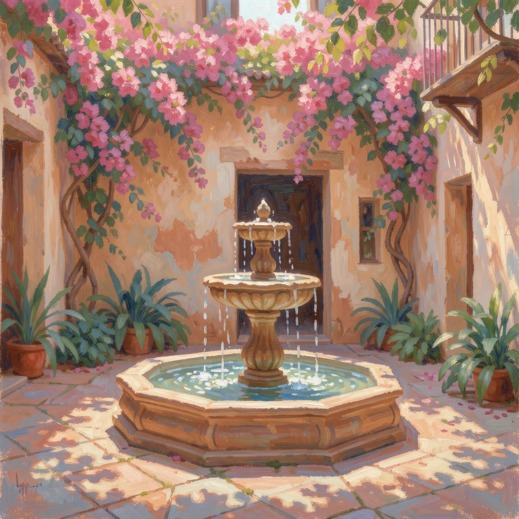 A quiet courtyard fountain in an old Spanish villa, bougainvillea climbing the surrounding walls.