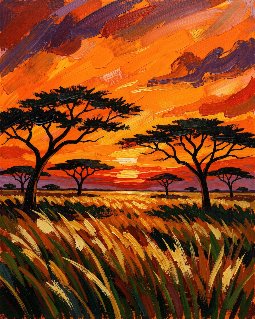 A dramatic sunset over the savanna, acacia trees silhouetted against a fiery orange sky.