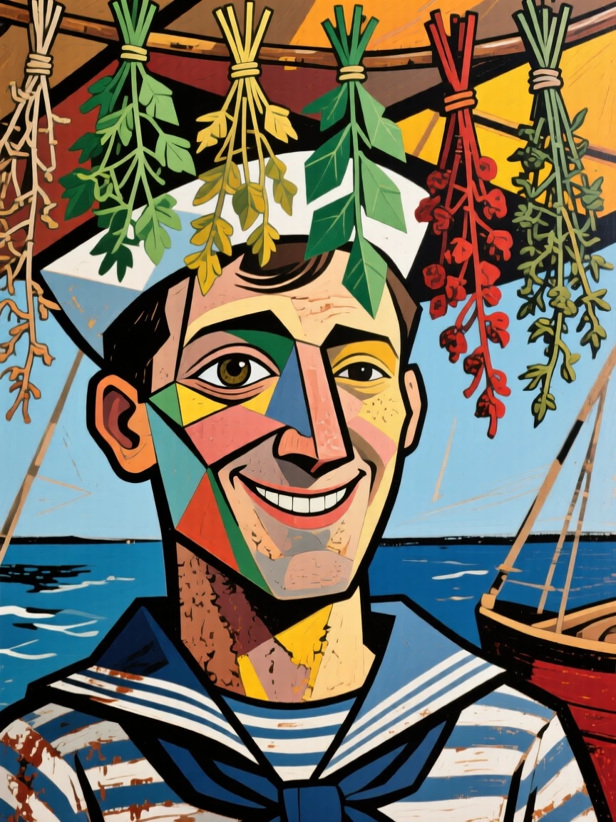 A close-up portrait of a sailor smiling gently under a canopy of drying herbs.