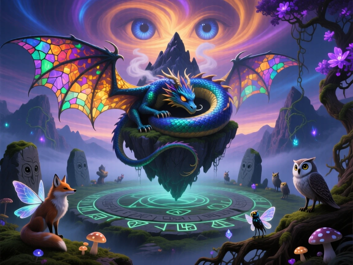 A dragon curled asleep around a floating mountain peak stands motionless at the center of an ancient stone circle, as small creatures gather cautiously nearby to watch.