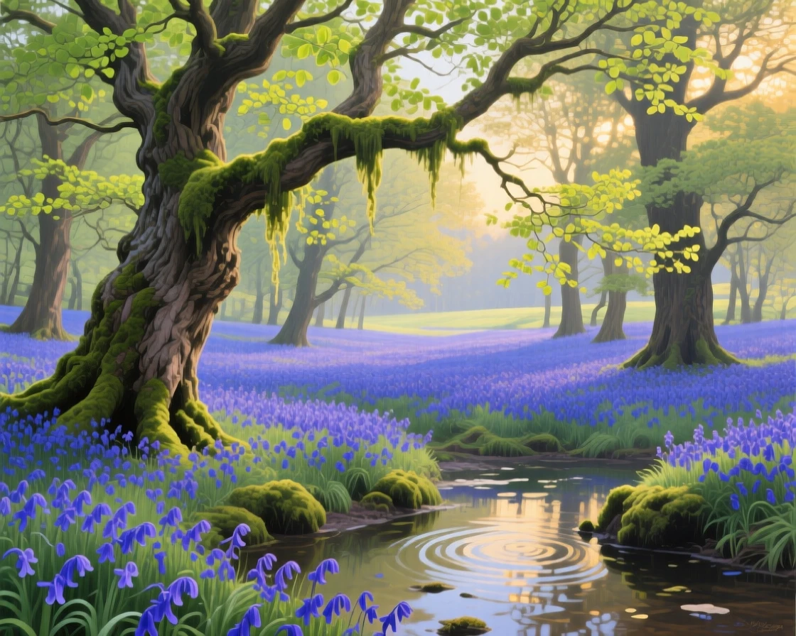 An ancient oak woodland in the English countryside shows gnarled, moss-draped trunks and a carpet of bluebells stretching to the horizon, soft morning light filtering through new spring leaves, small ripples or movement in the foreground giving the otherwise still setting a sense of quiet life.