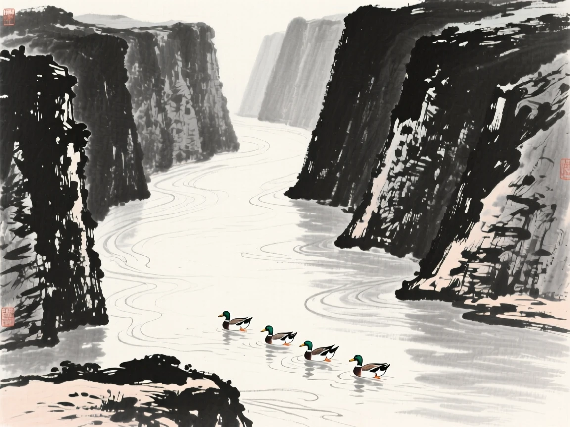 a wide river bending through a gorge, with wild ducks gliding across its surface.