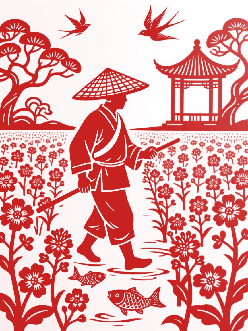 A composition of a fisherman in a straw hat through fields of blooming rapeseed, a small pavilion just visible through the trees.