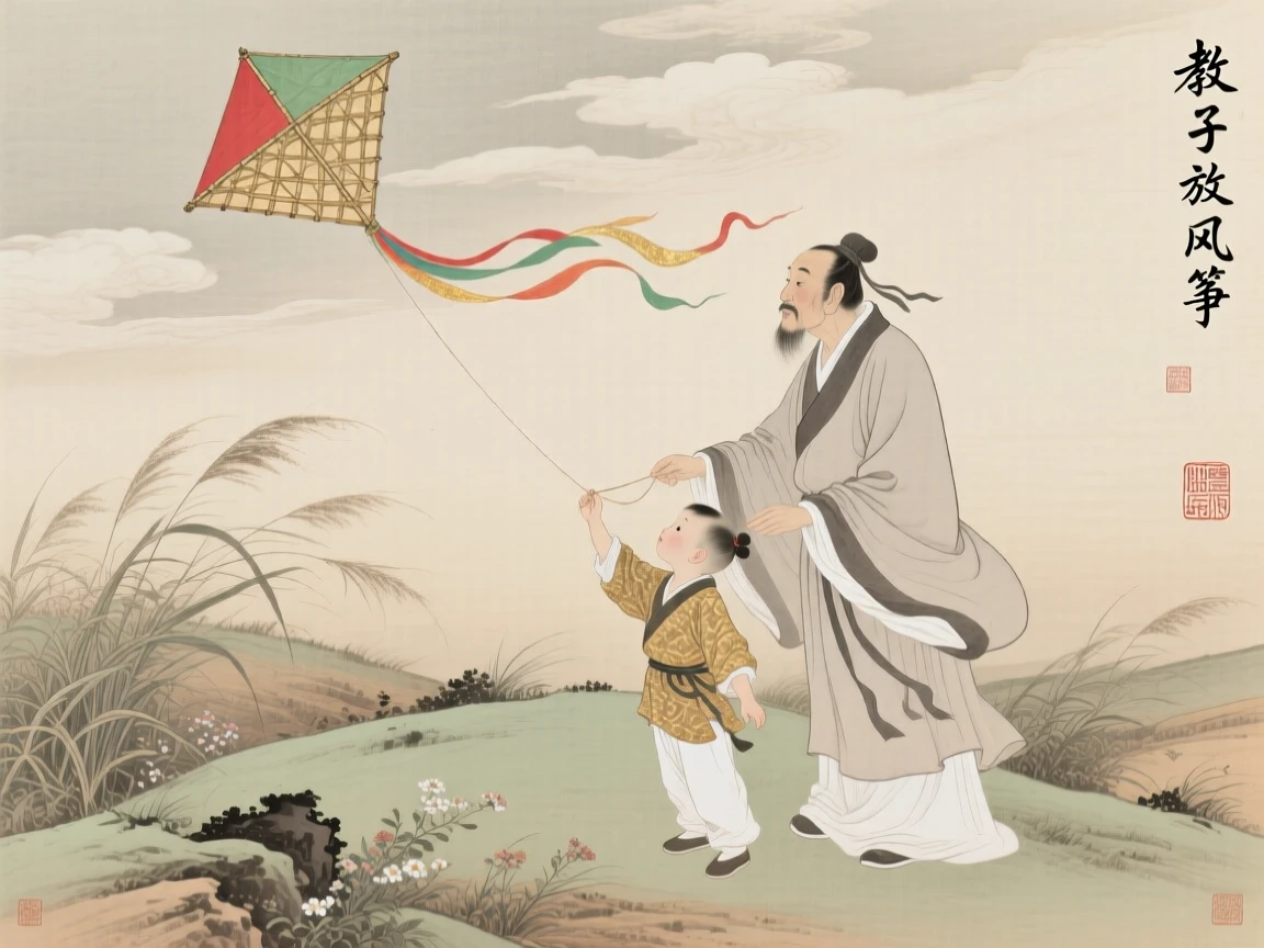 A father teaching his young son to fly a kite on a windy hillside