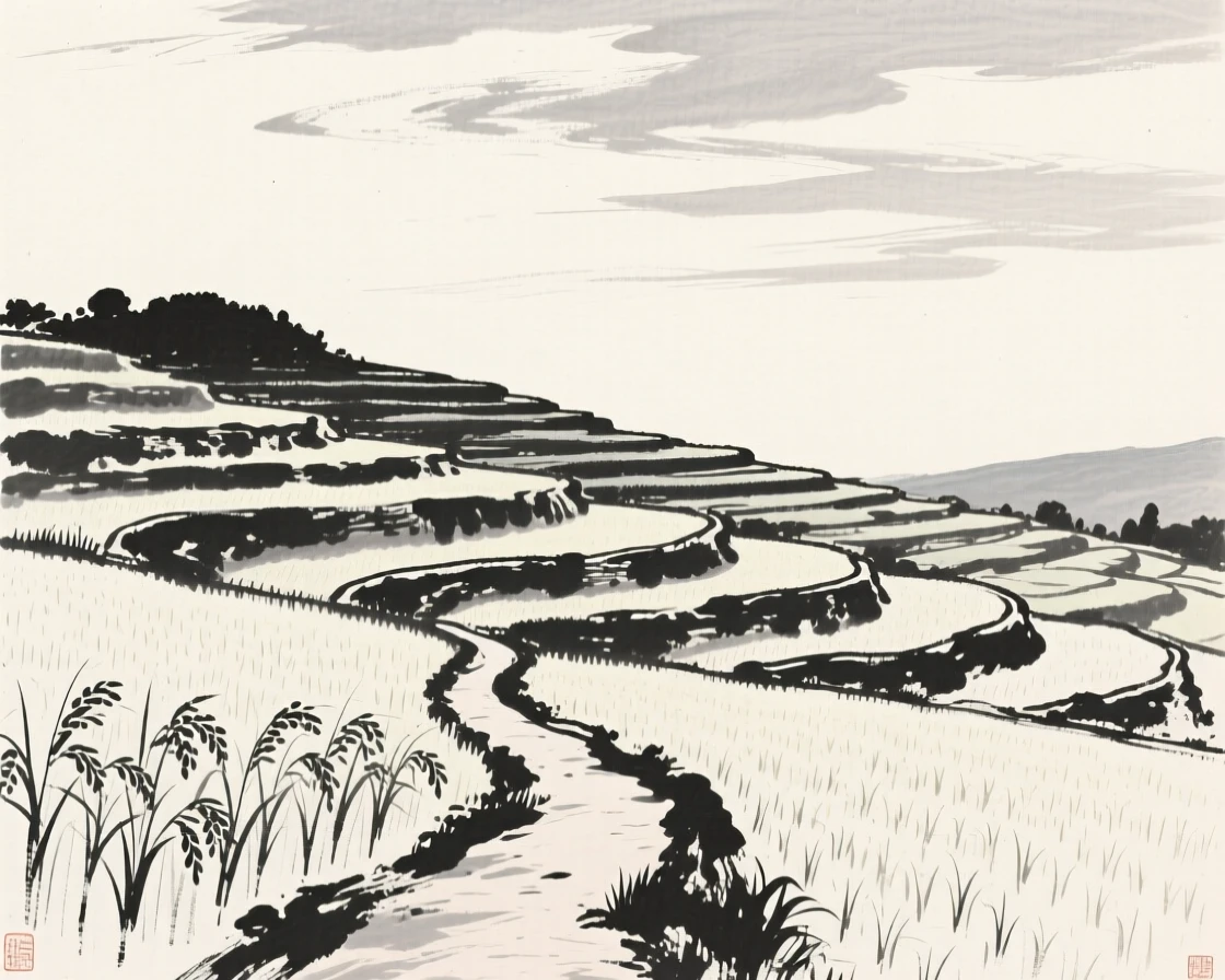 A field of rice terraces climbing a gentle hillside under a wide open sky scattered with drifting clouds, captured from a narrow path winding into the depth of the scene, capturing a fleeting, serene moment suspended in time.