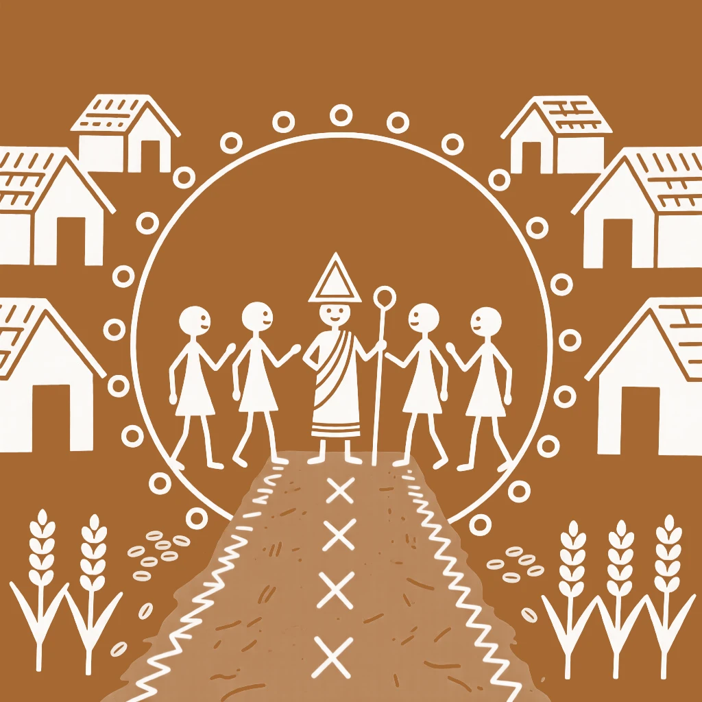 A village priest forming a circle to discuss the harvest along a dirt path lined with huts.