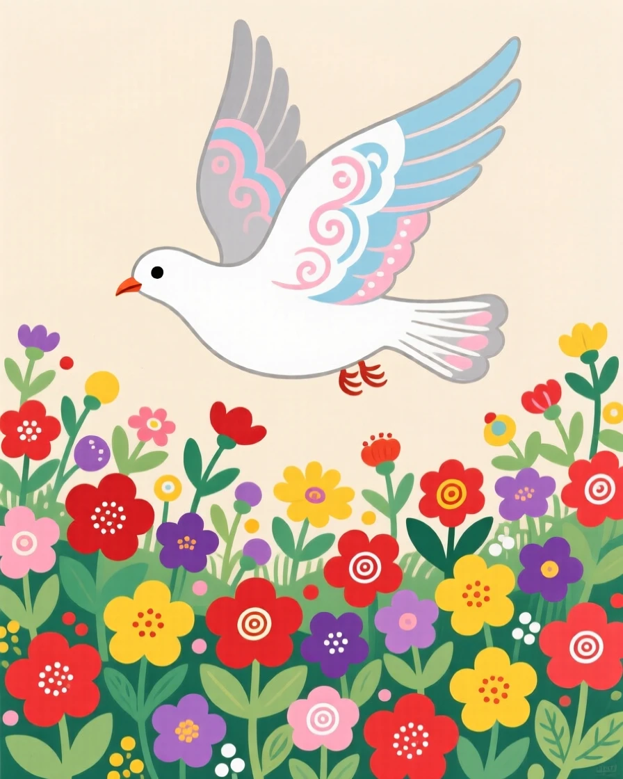 A dove taking flight alone in a bed of wildflowers.