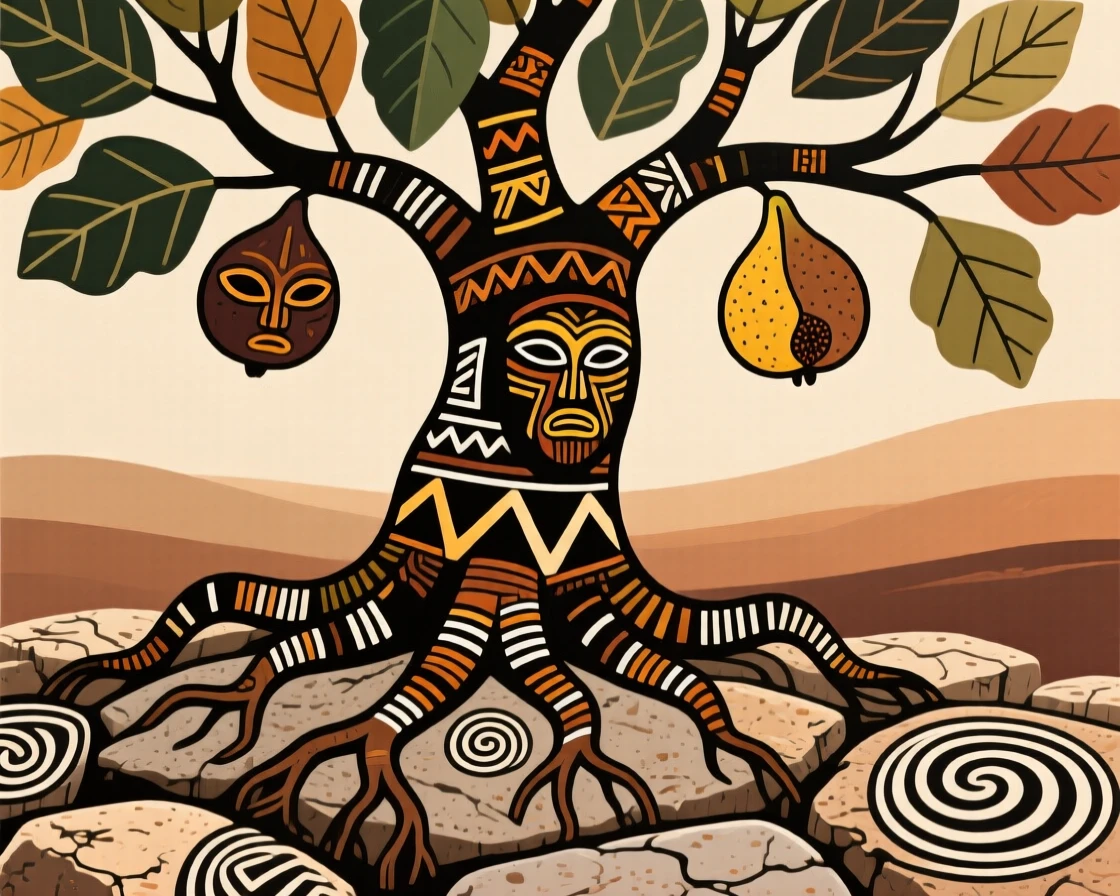 A fig tree with roots sprawling across ancient stones.