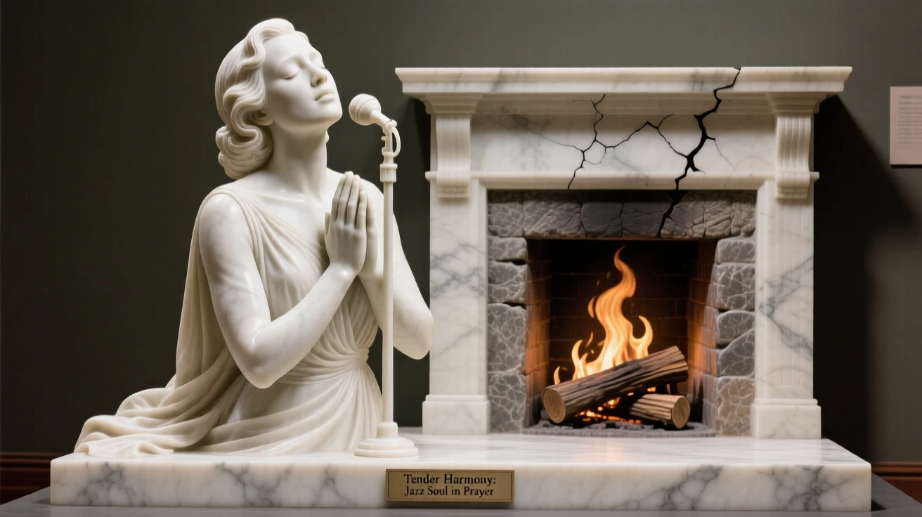 A tender portrait of a jazz singer mid-note, with hands clasped in prayer, beside a crackling fireplace, evoking warmth and humanity