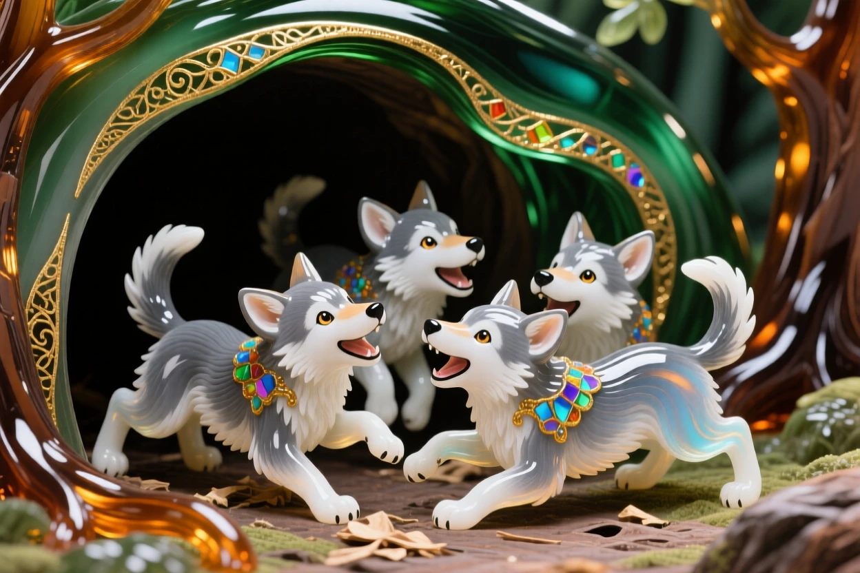 A litter of wolf pups tumbling and playing outside a forest den, joyful and heartwarming.