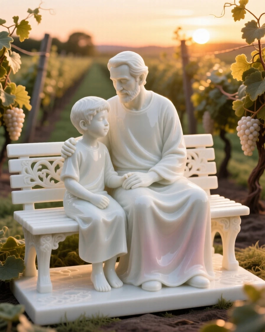 A tender scene of a father and son watching a sunset from a garden bench in a vineyard at golden hour, light catching the folds of her dress.