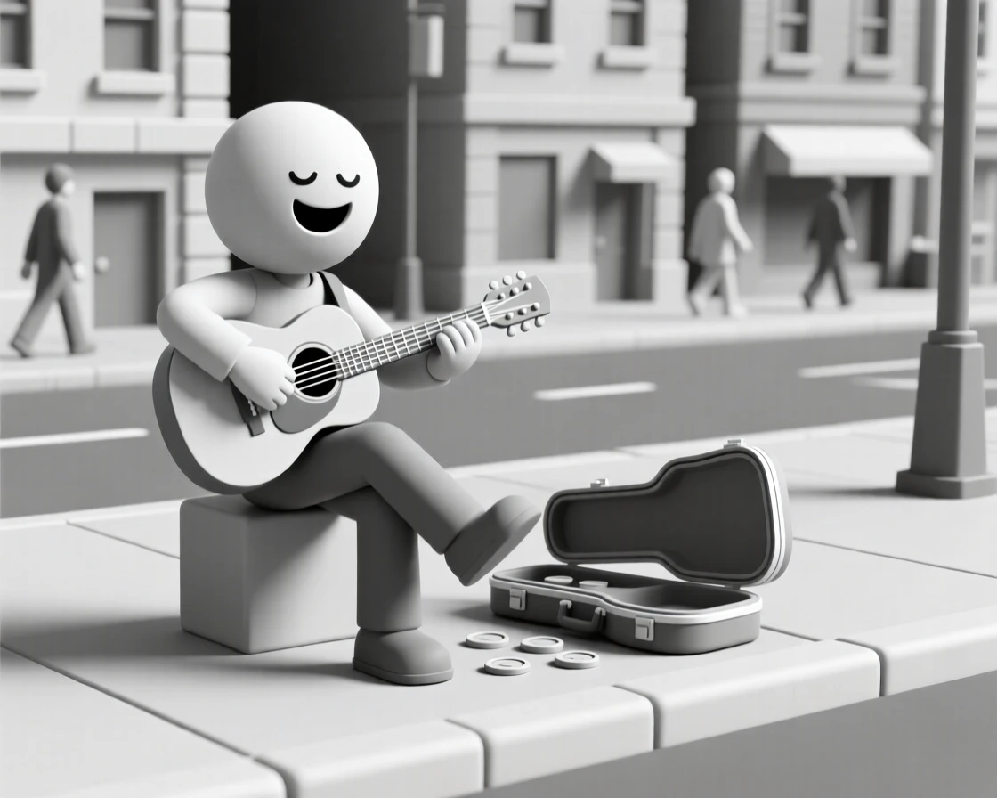 A joyful street musician strums a guitar on a busy sidewalk, an open case collecting coins beside his tapping foot.