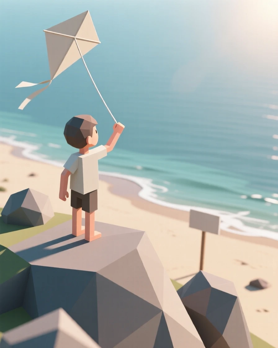A young boy flying a kite on a windy beach, atop a mountain overlook. natural light enhances the authenticity of the scene. A gentle warmth radiates through the scene.