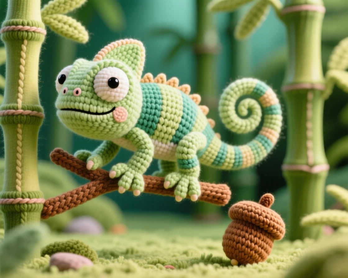 a small chameleon, with a curled tail and bulging eyes, gripping a thin branch with each foot, set in a lush bamboo grove, with a fallen acorn resting beside its paw, evoking cheerful energy and boundless enthusiasm.