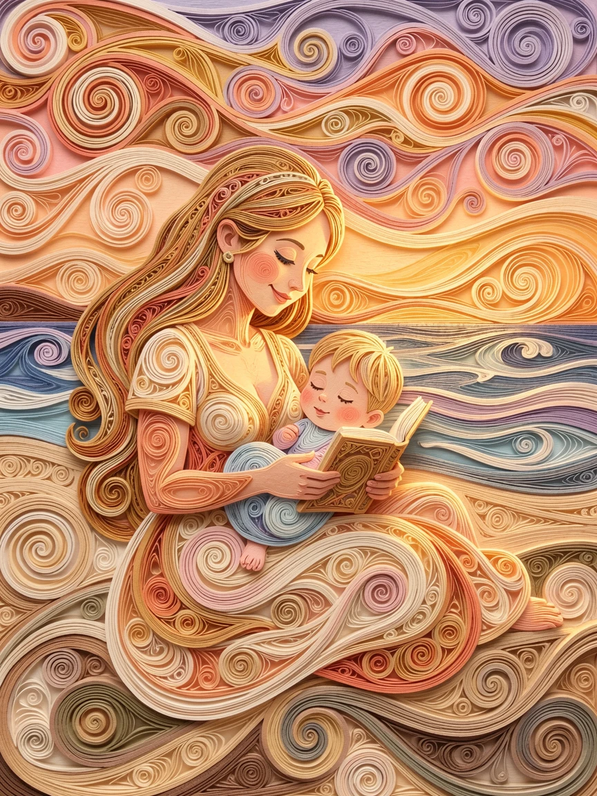 a mother reading a bedtime story to her sleepy child, on a quiet beach at golden hour, shown from a gentle, heartfelt eye-level perspective, with gentle sunlight highlighting joyful smiles.