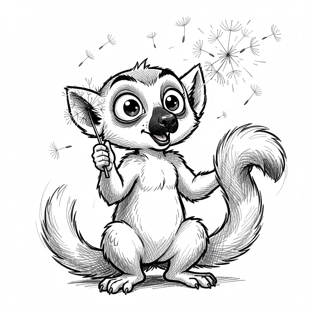 A wide-eyed lemur blowing a dandelion.