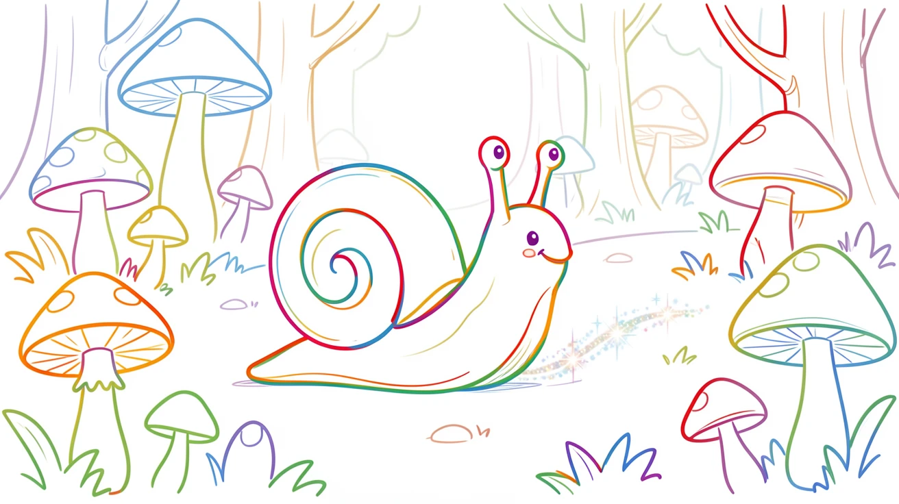 A snail slowly crossing a mushroom-dotted forest floor, trailing a glistening path.