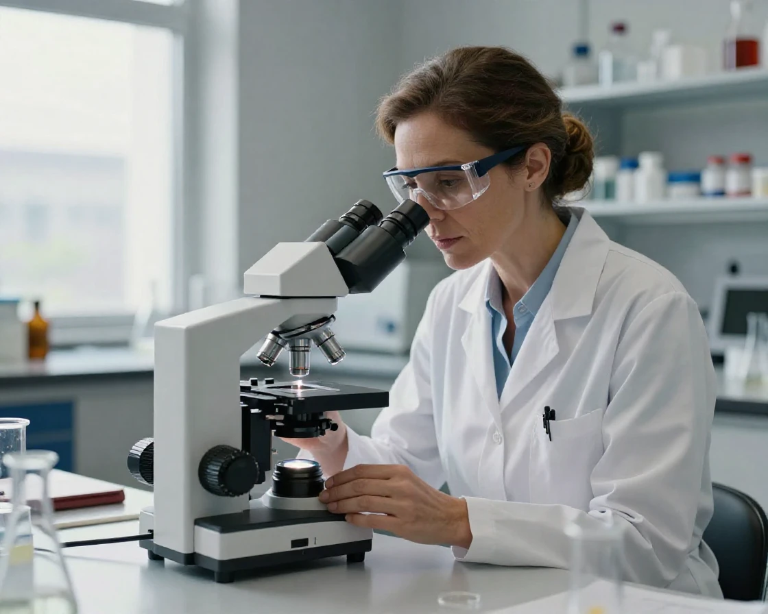 A scientist examining a sample under a microscope