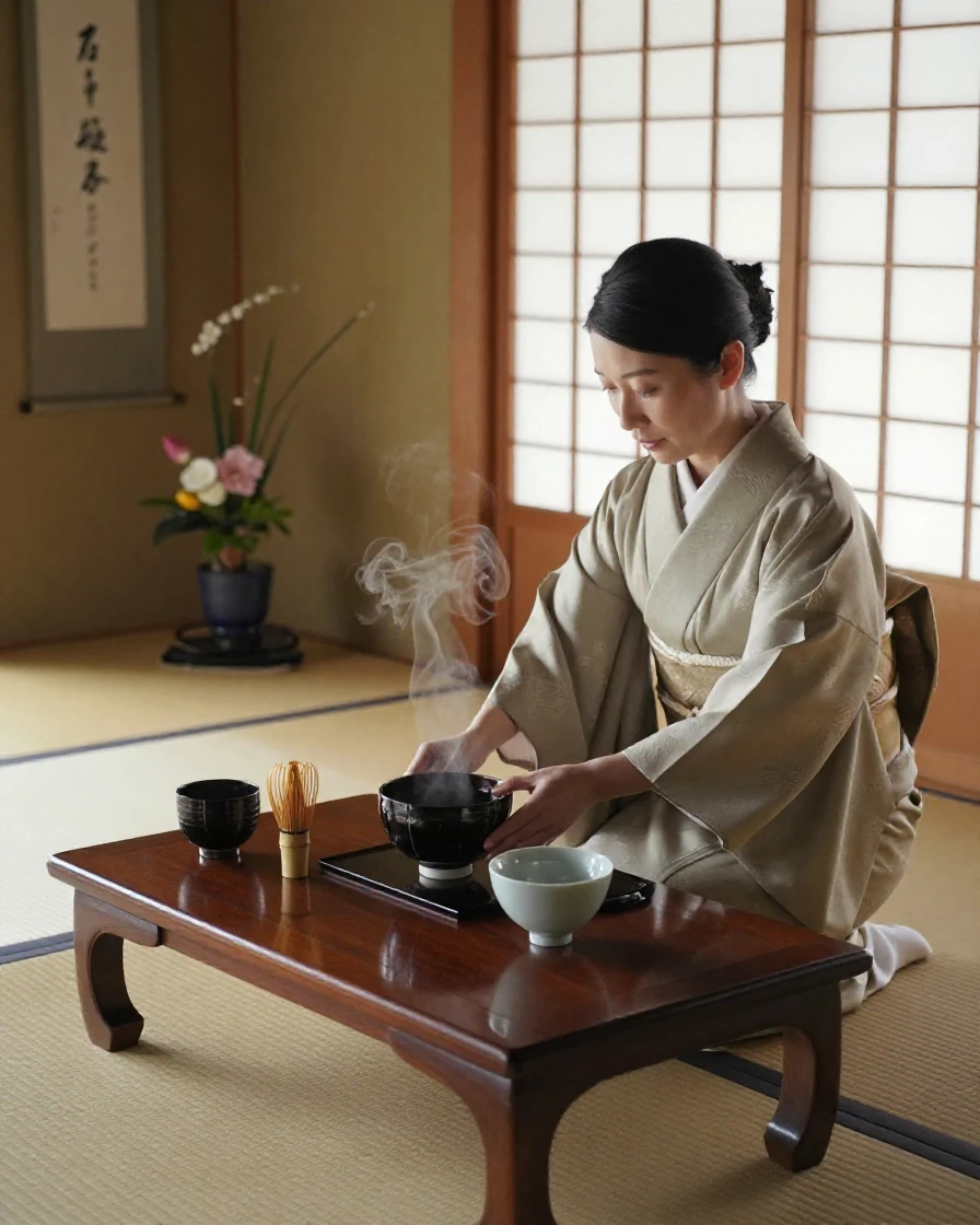 A traditional tea ceremony being performed in a quiet Japanese tea house