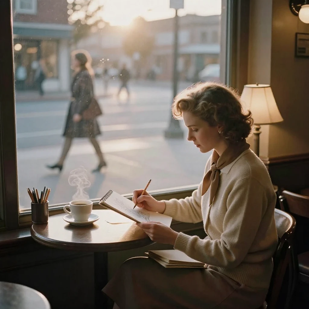 A woman sketching passersby from a café window seat, in the pale light just before sunrise, as heat shimmers over the ground, in the mild days of early autumn, in warm honey and cream tones, shot from directly overhead.