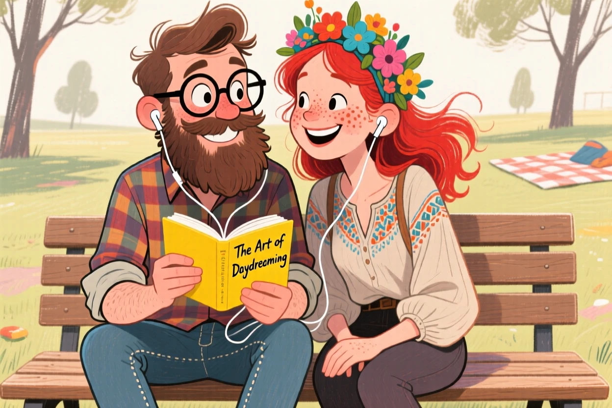 A hipster couple sharing earbuds on a park bench, one reading a paperback book.