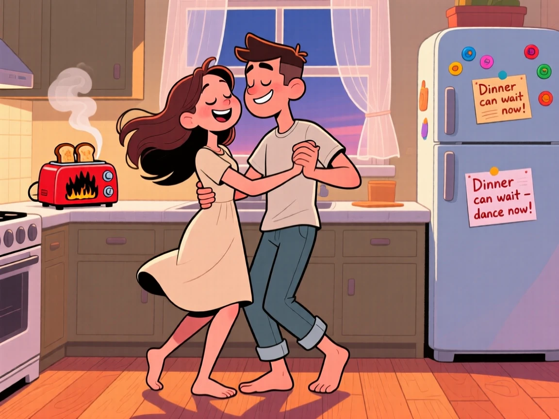 A heartwarming scene of a young couple slow dancing barefoot in their kitchen, forgotten toast burning in the background.