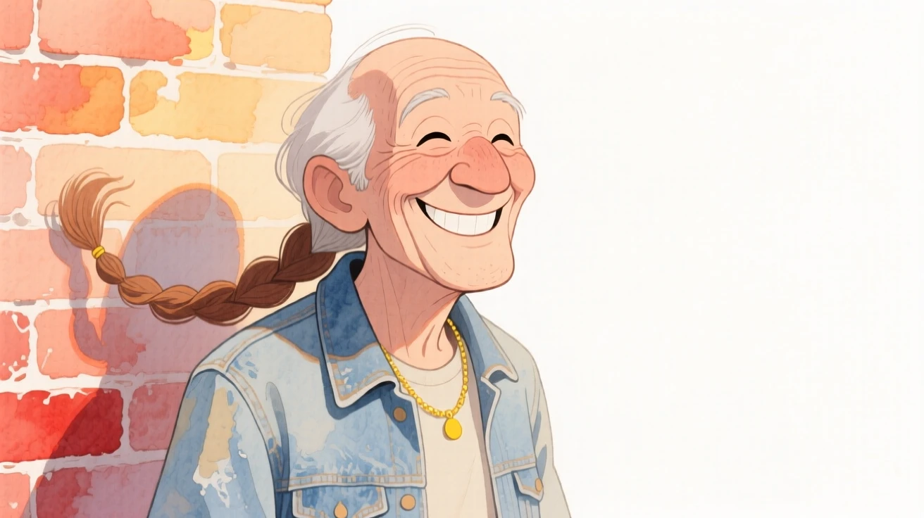 An elderly man with a single thick braid over one shoulder, beaming with joy, wearing a vintage denim jacket and wearing a delicate gold necklace, against a sun-drenched brick wall