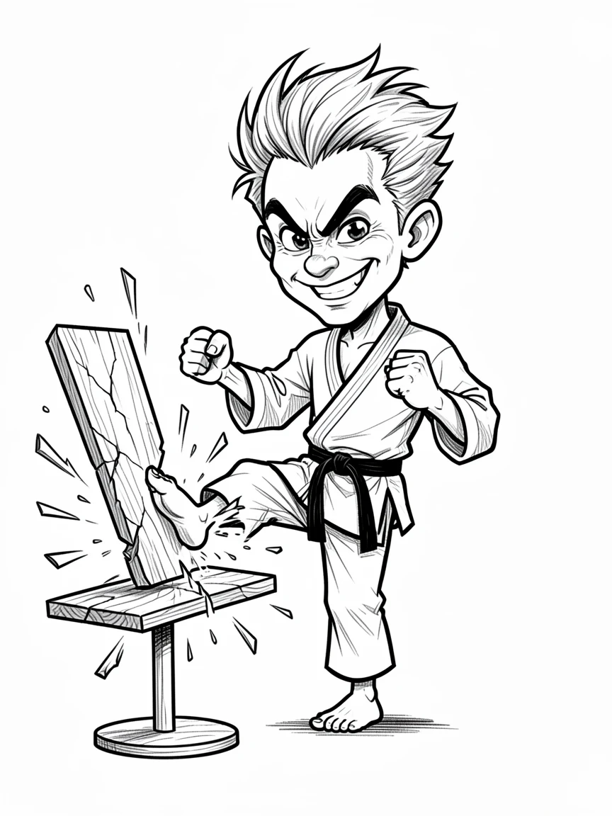 [People Portraits & Characters] Portrait of a spirited karate master mid-kick breaking a wooden board, full of personality and charm