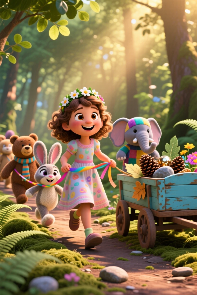 A girl leading her stuffed animals on a parade takes place along a quiet forest trail dappled with light, with a wagon full of collected treasures nearby. The mood is playful, curious, and full of imagination.