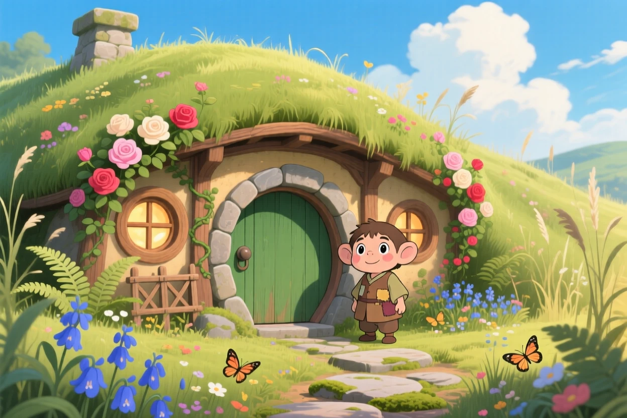 A charming view of a hobbit-like earthen home built into a grassy hillside, surrounded by climbing roses and untamed gardens.