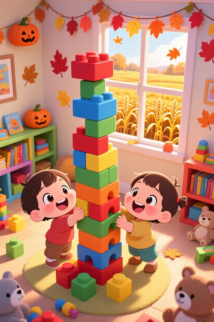 High aerial view of twin toddlers, building an impossibly tall block tower, in a colorful playroom, during golden autumn harvest season, illuminated by soft pastel light of dawn, radiating giggling amusement.
