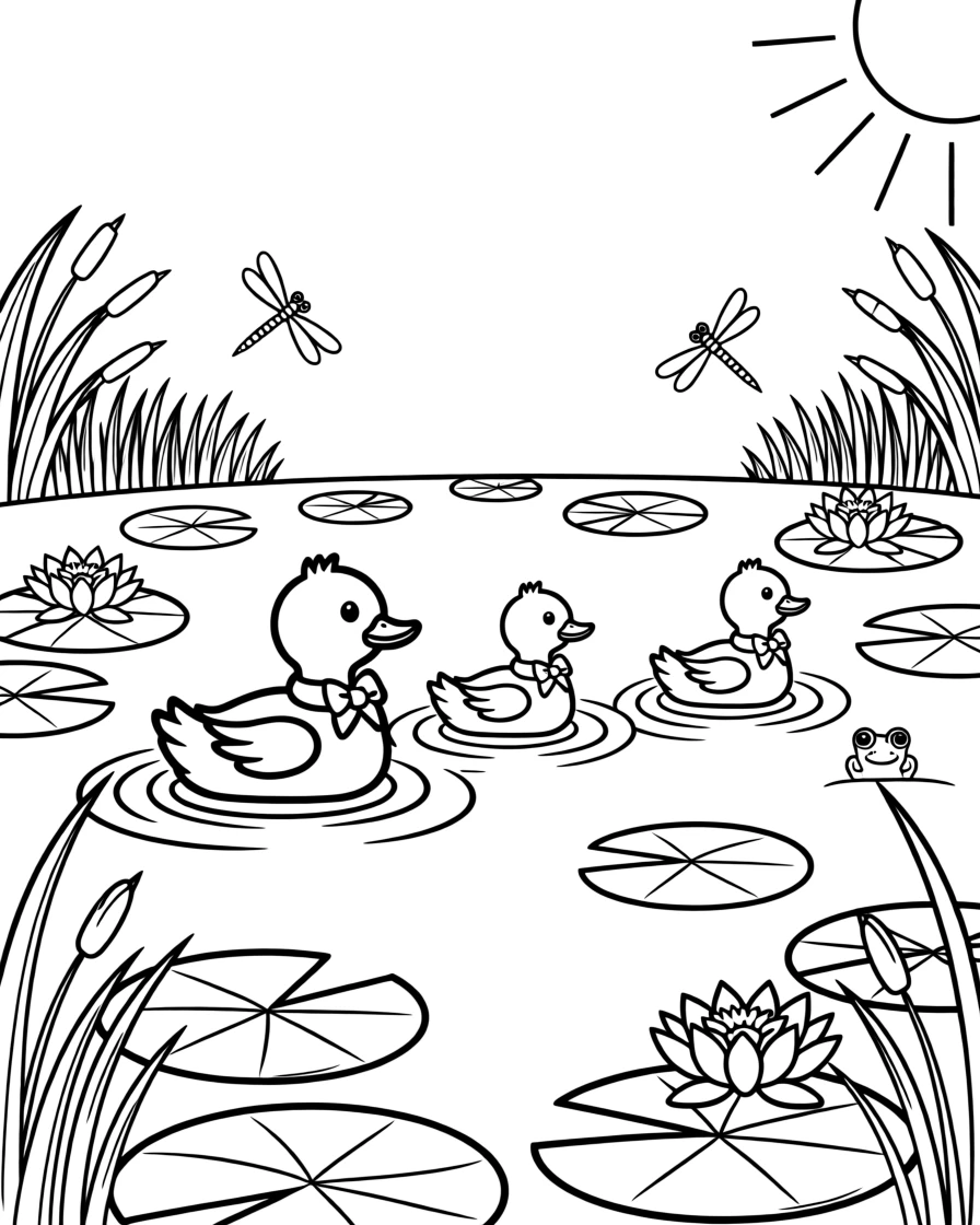 A duck family paddling in a row across a lily-pad pond