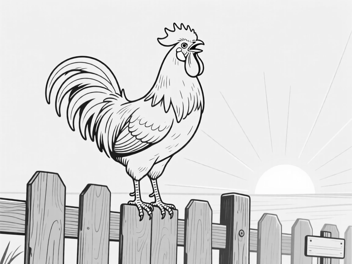 A rooster crowing atop a wooden fence at sunrise