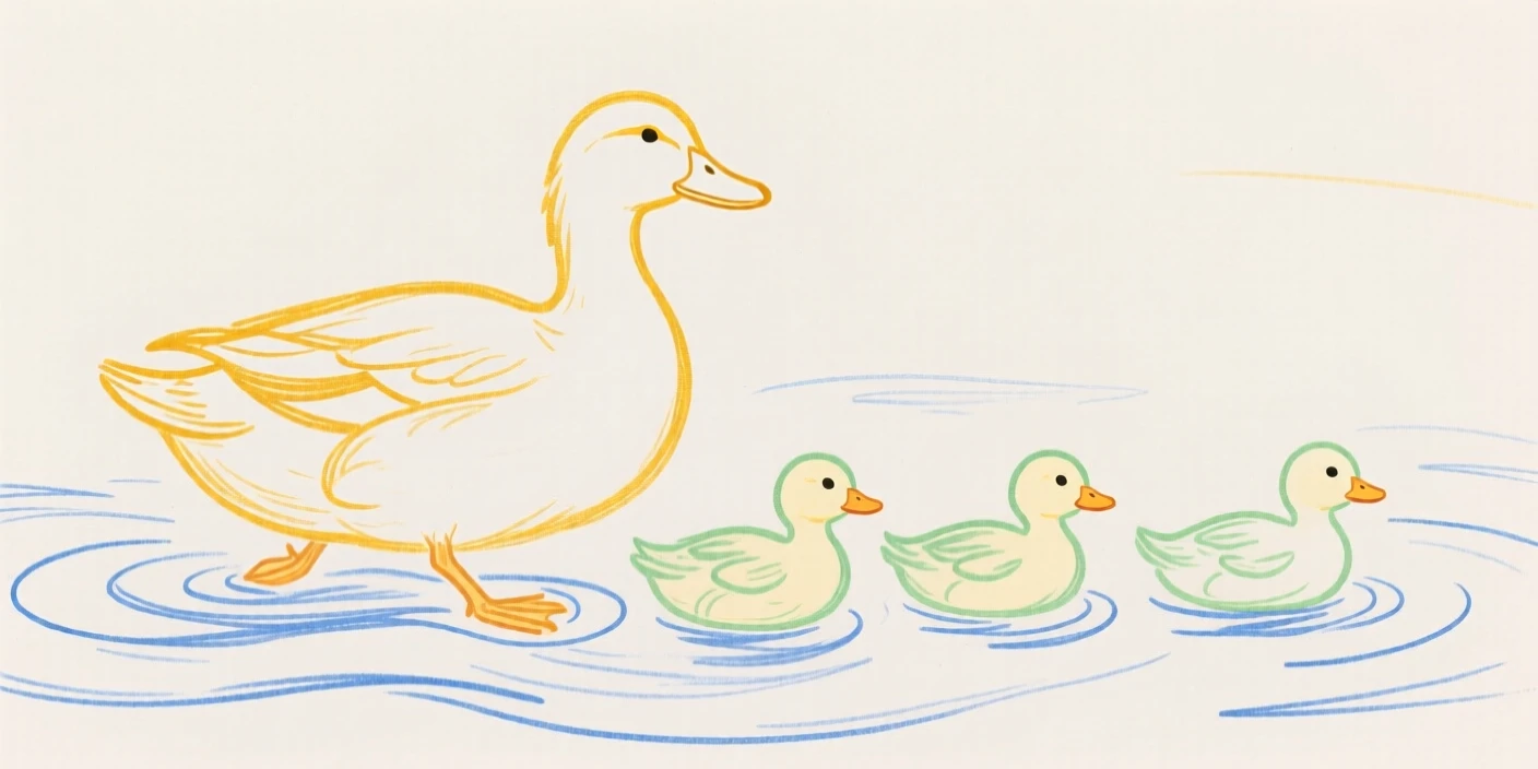 A mother duck leading her ducklings.