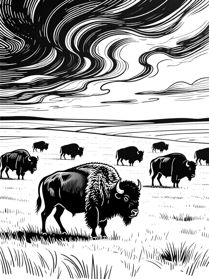 A bison herd grazing on a wide open plain under a dramatic sky.