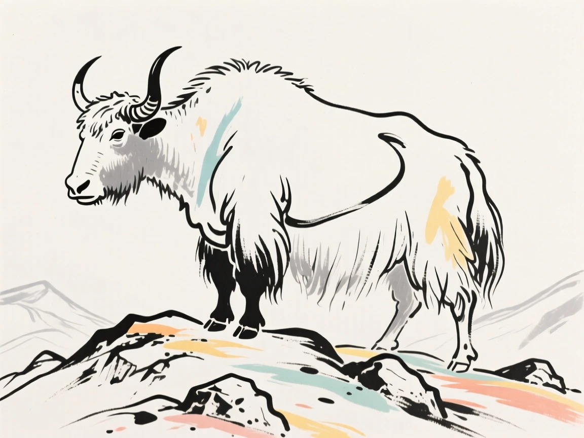 A wild yak standing on a rocky Himalayan hillside.