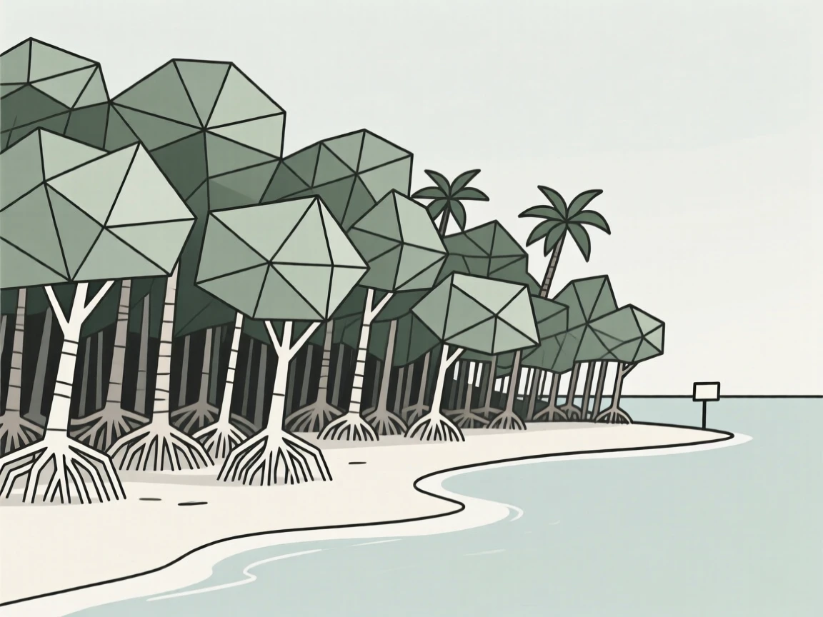 A dense mangrove forest along a tropical coastline