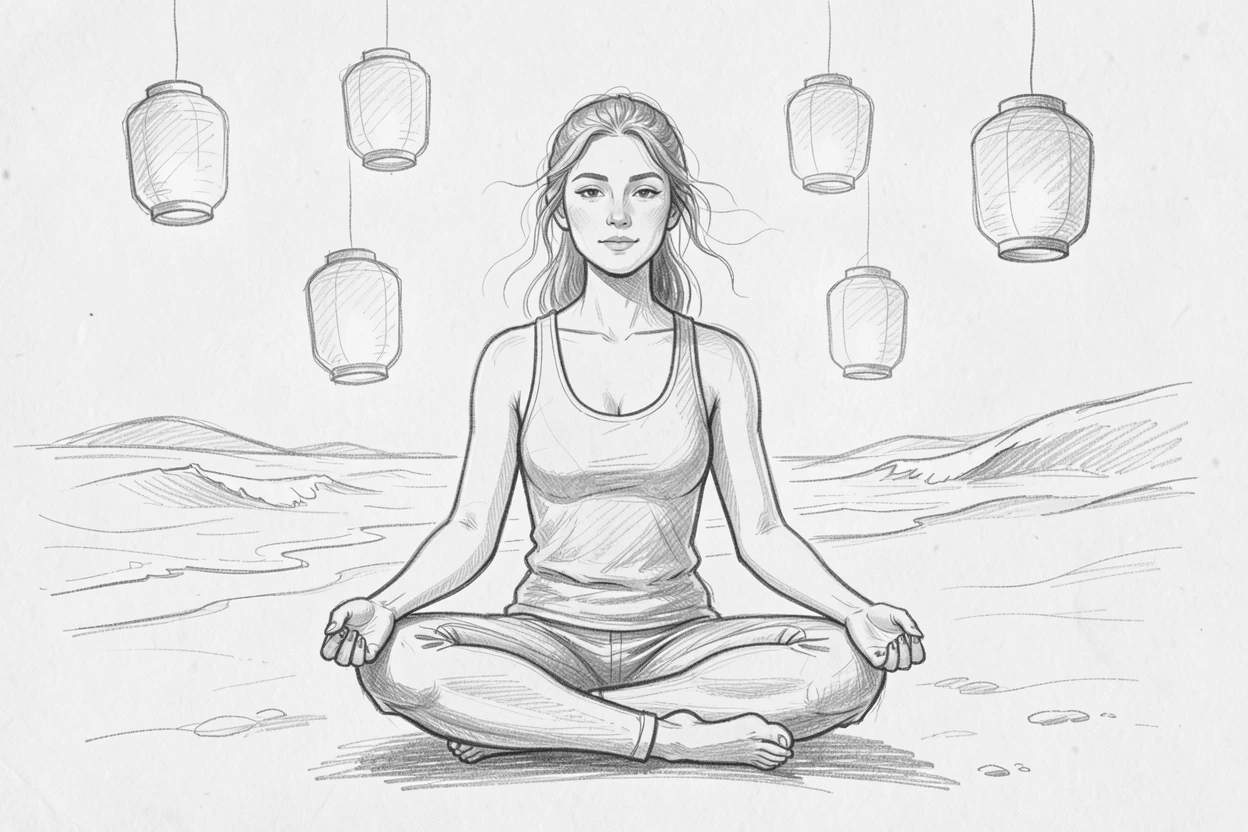 A tender portrait of a serene yoga instructor, surrounded by floating lanterns, on a windswept beach at dawn.
