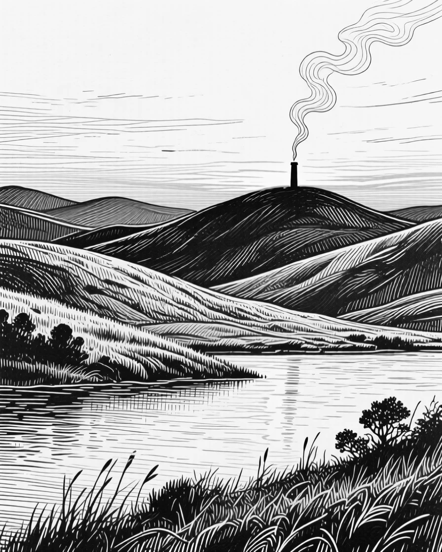 A chain of rolling hills as the last light of day fades over the water, with a thin trail of smoke from a distant chimney, evoking a wild and untamed atmosphere in a wide, balanced composition.