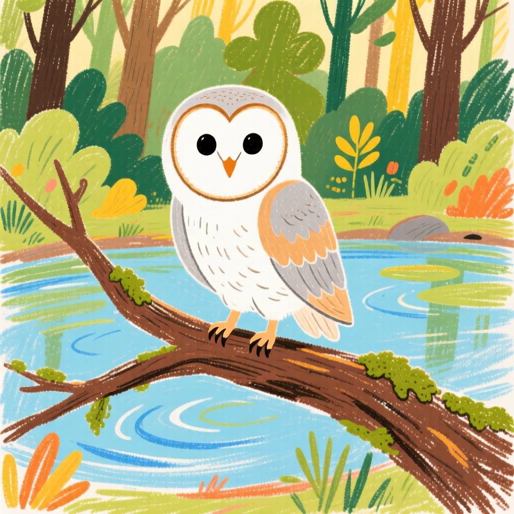 A barn owl perched on a fallen branch beside a forest pond.