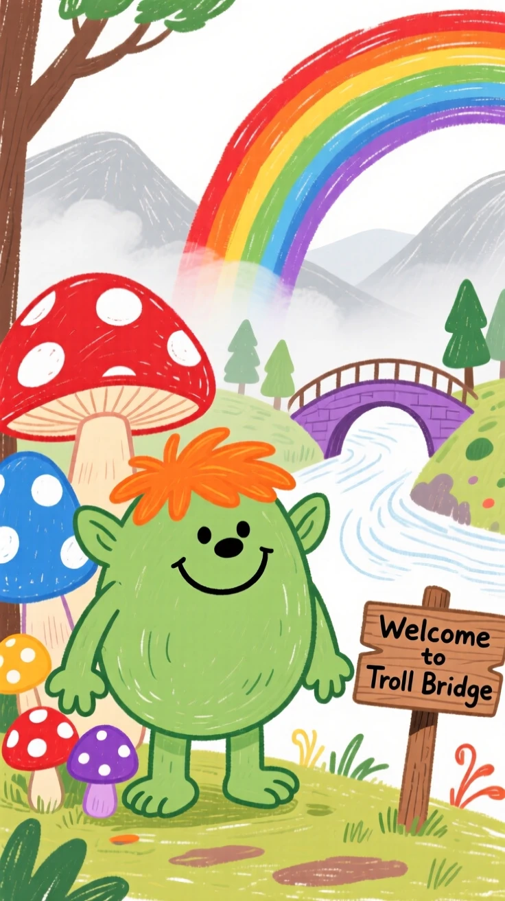A friendly forest troll tending mushrooms beside a rainbow bridge over a misty valley.